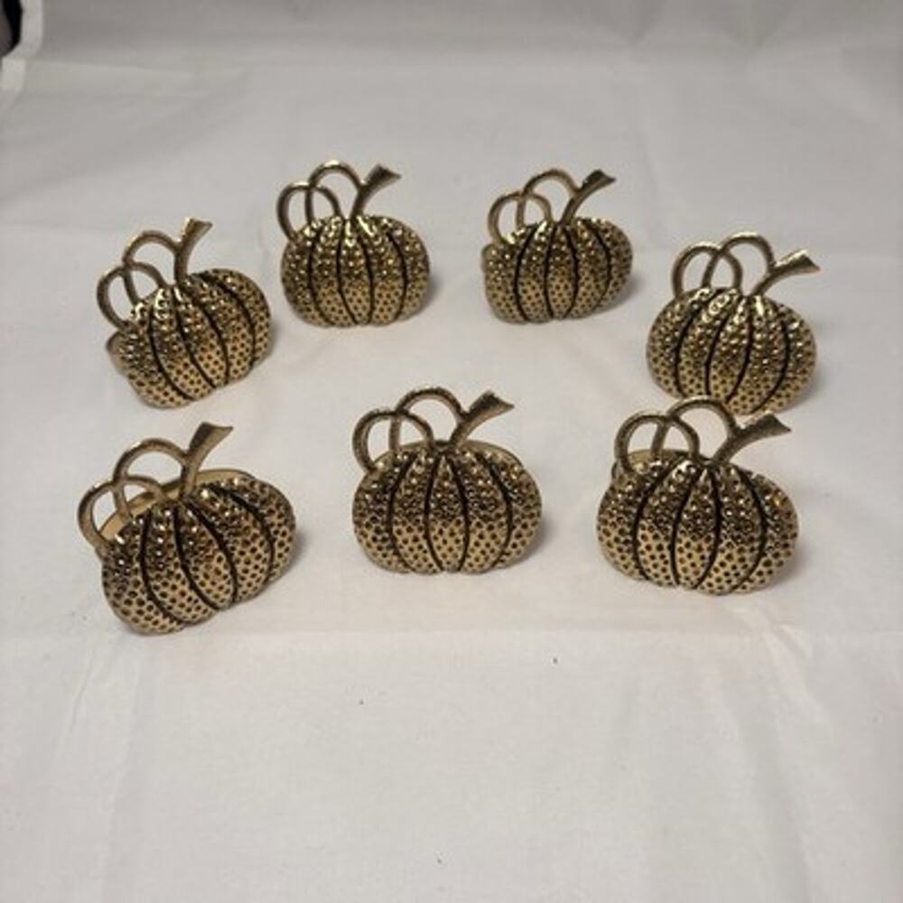 Set of 7 Gold Pumpkin Napkin Rings 2” Metal Thanksgiving Fall Table Decor